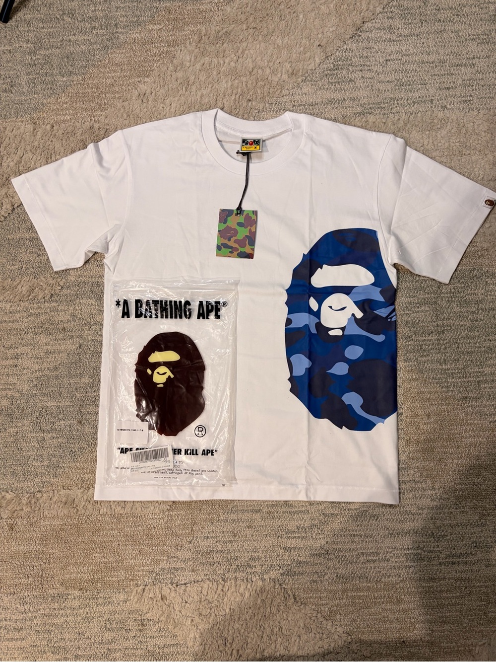 Bape White Short Sleeve Tee with Blue Camo Ape Print